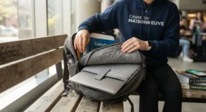 Close-up of a student sliding a laptop into the padded compartment of a CEGEP backpack.
