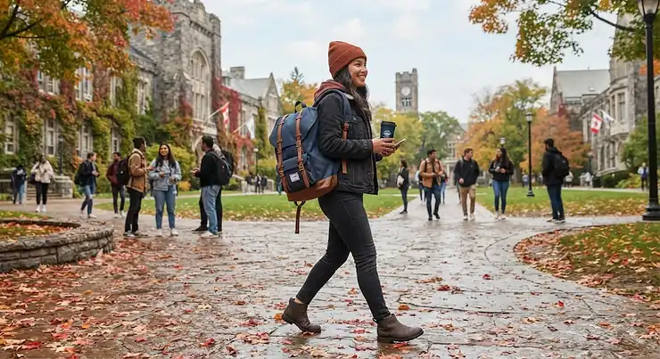 Student walking across a Canadian university campus carrying a stylish and durable backpack for university students.