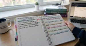 Open planner displaying a comprehensive scheduling guide tailored for Canadian high school graduates heading to university.