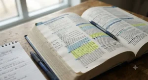 Close-up of bilingual French-English dictionary pages open to grammar sections for advanced CEGEP literature courses.