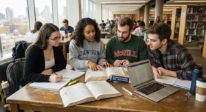 CEGEP students collaborating on a bilingual assignment using a French-English dictionary on a campus table.