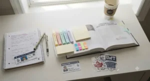 Back-to-school campus stationery including a textbook highlighter and sticky note set for university classes.