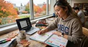 A university student in Canada organizing their autumn semester schedule using a colorful weekly planner.