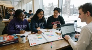 University students in Canada collaborating on a campus project while referencing a shared student planner.