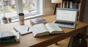 An organized study setup featuring a French-English dictionary, laptop, and notebook for a Quebec college student.