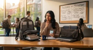 A student considering the differences between a laptop backpack and messenger bag for their specific university needs.