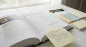 Close-up view of color-coded textbook annotations made with a textbook highlighter and sticky note set for university exams.