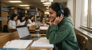 A CEGEP student smiling while adjusting comfortable ear cups on noise-cancelling headphones during final exam prep in the library.