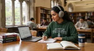 Student wearing comfortable noise-cancelling headphones for extended study sessions at a Canadian university library.