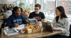A compact desk organizer neatly holding textbooks and stationery on a student workspace during a group project.