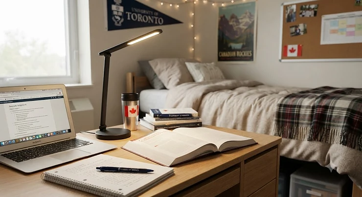 A compact, energy-efficient LED desk lamp illuminating a study area in a Canadian dorm room.