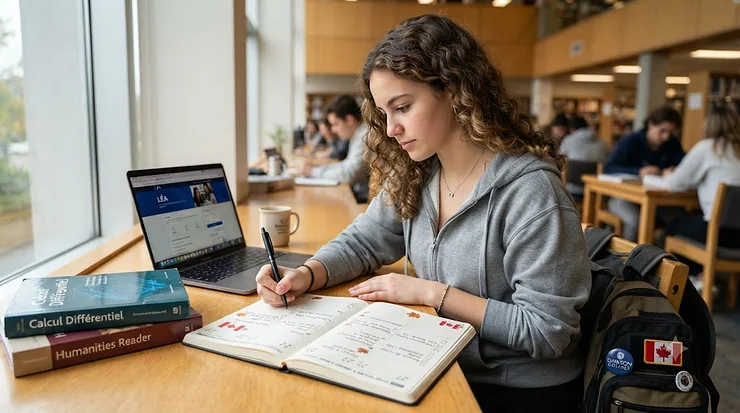 Open bilingual daily planner for CEGEP students in Canada showing weekly schedule and assignment trackers on a wooden desk.