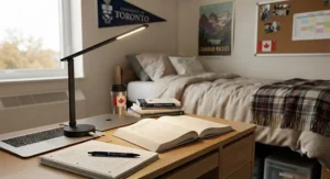 A functional desk lamp for a dorm room study space featuring an integrated USB charging port for student devices.