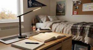 A dimmable desk lamp with warm light settings, suitable for comfortable reading and studying in a dorm.