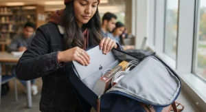 Close-up of a student organizing a laptop and study materials inside a functional backpack for university students.