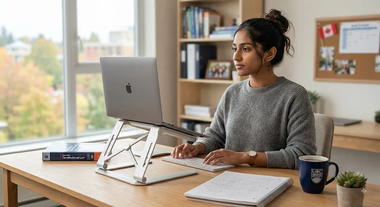 An ergonomic, adjustable laptop riser helping a university student maintain good posture during long study sessions.