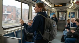 An ergonomic backpack worn by a student commuting on public transit to a CEGEP campus.
