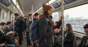 Student commuting on public transit during the morning rush with a comfortable ergonomic backpack for university students.