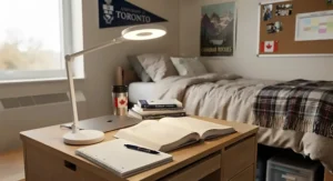 An ergonomic eye-care desk lamp providing soft, glare-free light for intensive studying in a dorm room.