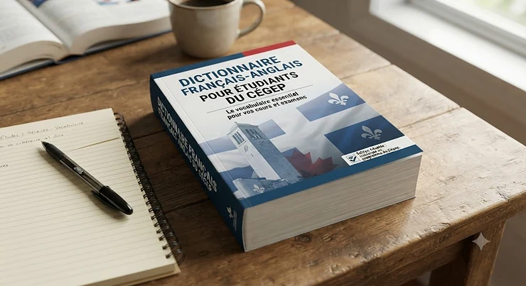 A comprehensive French-English dictionary designed for CEGEP students in Quebec resting on a wooden study desk. French-English dictionary for CEGEP students