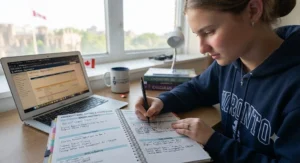 A high school graduate writing down academic and personal goals in a university planning guide.