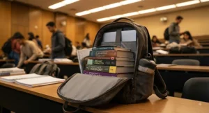 Showing the large capacity of a laptop backpack, perfect for carrying heavy textbooks and gear to university lectures.