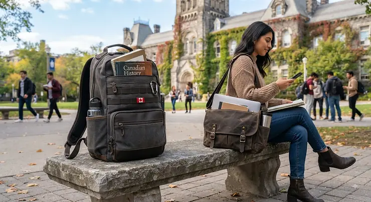 A comparison of a durable laptop backpack and a stylish messenger bag suited for Canadian university students. laptop backpack vs messenger bag for university