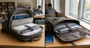 Comparing the interior laptop compartments of a backpack and a messenger bag for secure device storage.