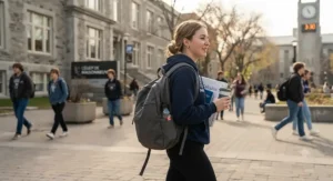 A student carrying a lightweight backpack while walking between classes on a CEGEP campus.