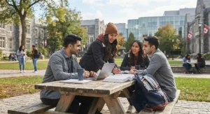 Group of university students collaborating on an assignment outdoors with a lightweight backpack for university students nearby.