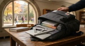 A lightweight laptop stand packed inside a university student's backpack, designed for easy travel between classes.