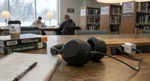 Charging cable connected to long-lasting noise-cancelling headphones used for extended CEGEP library study marathons.