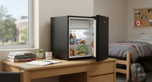 A complete dorm room setup highlighting a spacious mini fridge for dorm room ready for the fall semester.