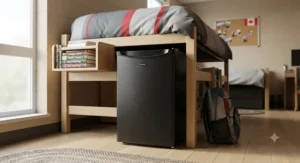 A white mini fridge for dorm room featuring a separate top freezer compartment for ice cream and frozen meals.