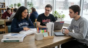 A minimalist style desk organizer that clears clutter from a CEGEP study group table to improve productivity.