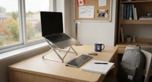 A minimalist dorm room study setup featuring a laptop stand for a comfortable university student workspace.