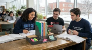 A modular desk organizer system efficiently storing study guides and writing instruments for CEGEP collaborative groups.