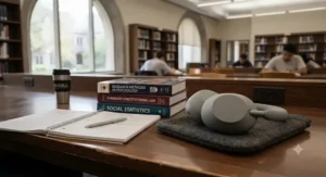 Modern noise-cancelling headphones resting on a library desk next to textbooks and a notebook in a university setting.
