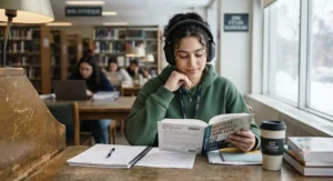 A peaceful student completely absorbed in reading while wearing noise-cancelling headphones during a quiet CEGEP library study session.
