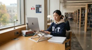 A compact and portable foldable laptop stand perfect for university students working in a campus library.