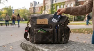 Highlighting the convenient, quick-access pockets on a messenger bag for university students on the go.