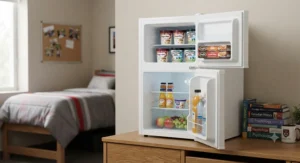 An open stainless steel mini fridge for dorm room stocked with snacks, juice boxes, and fresh fruit.