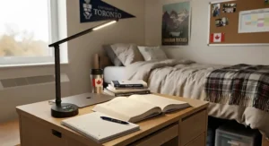 A smart student desk lamp for a dorm room study desk, featuring a helpful auto-off timer for study sessions.