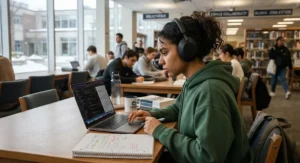 A CEGEP student focused on a laptop wearing noise-cancelling headphones in a busy campus library commons.