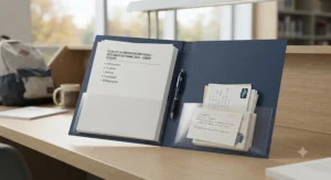 A Canadian student holding a professional presentation folder during preparation for a CEGEP oral examination