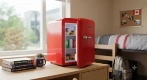 A university student organizing groceries inside a quiet, energy-efficient mini fridge for dorm room.