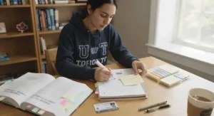 A student organizing lecture notes with a textbook highlighter and sticky note set for university semester prep.