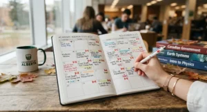 Close-up of a monthly calendar page in a student planner used by a Canadian university student to track assignment deadlines.
