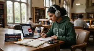A student preparing for university exams using noise-cancelling headphones for better focus in a library environment.