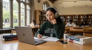 University student at a desk in a Canadian campus library using a laptop with noise-cancelling headphones to concentrate.